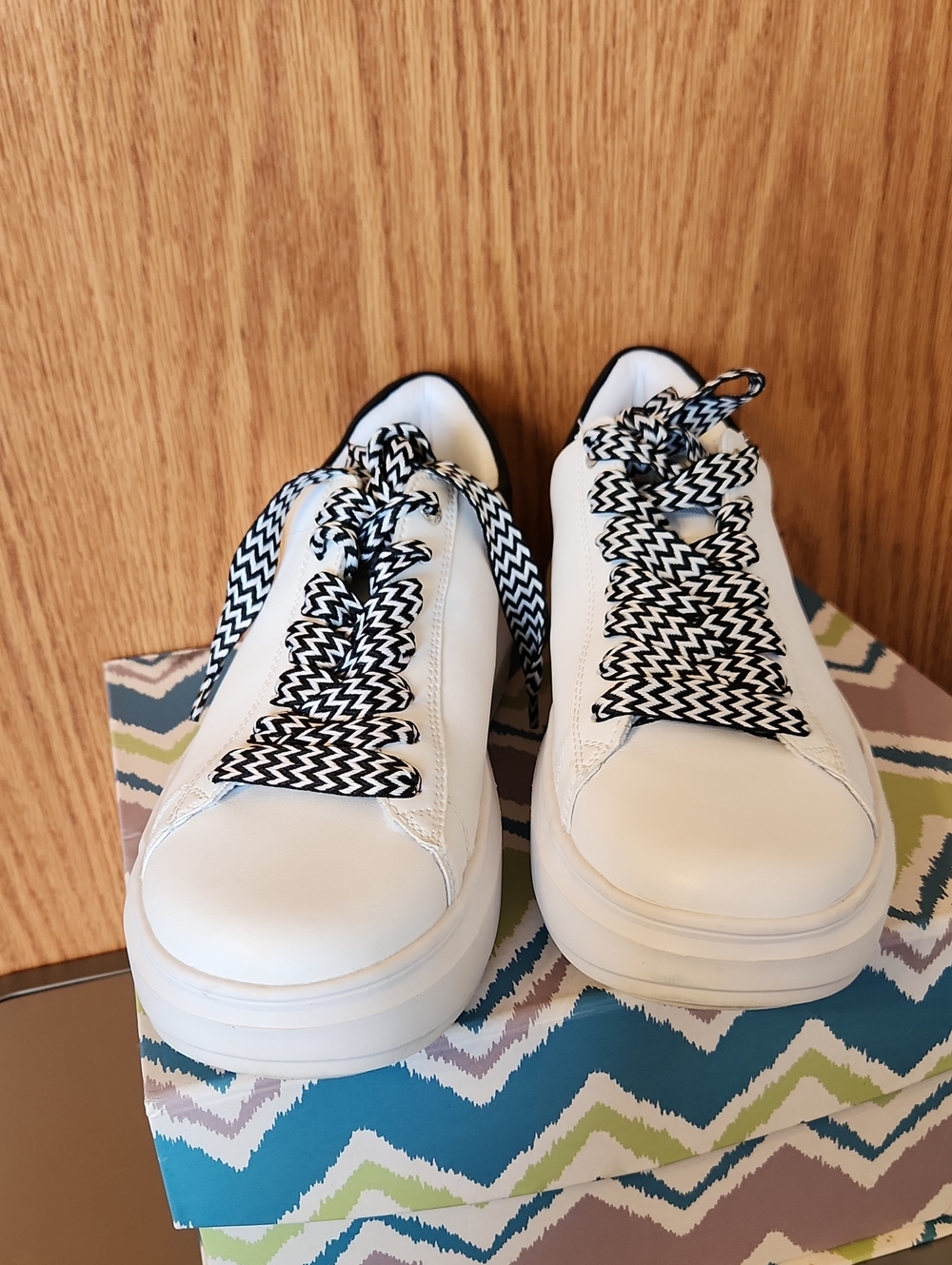 Rieker White Platform Sneakers with Black-and-White Chevron Laces